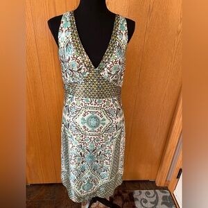 Vintage inspired  100% silk boho chic scarf pattern sleeveless V neck dress. 10